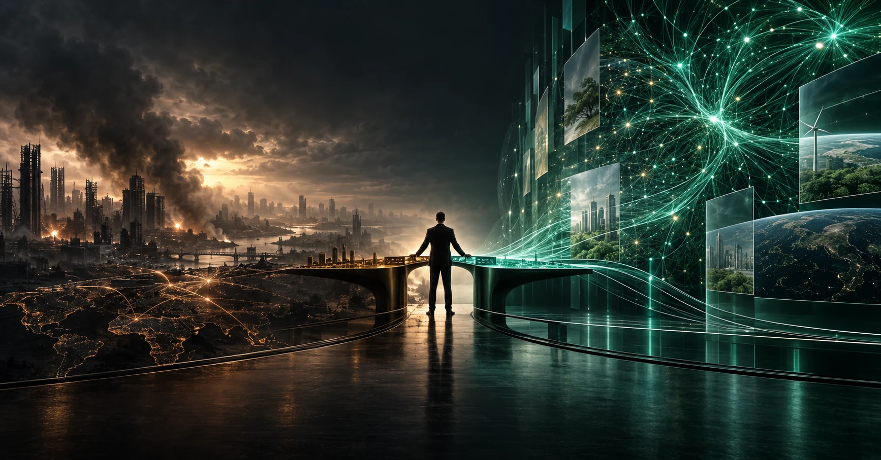 A person between a destroyed city and an artificial intelligence network, representing human responsibility for technology