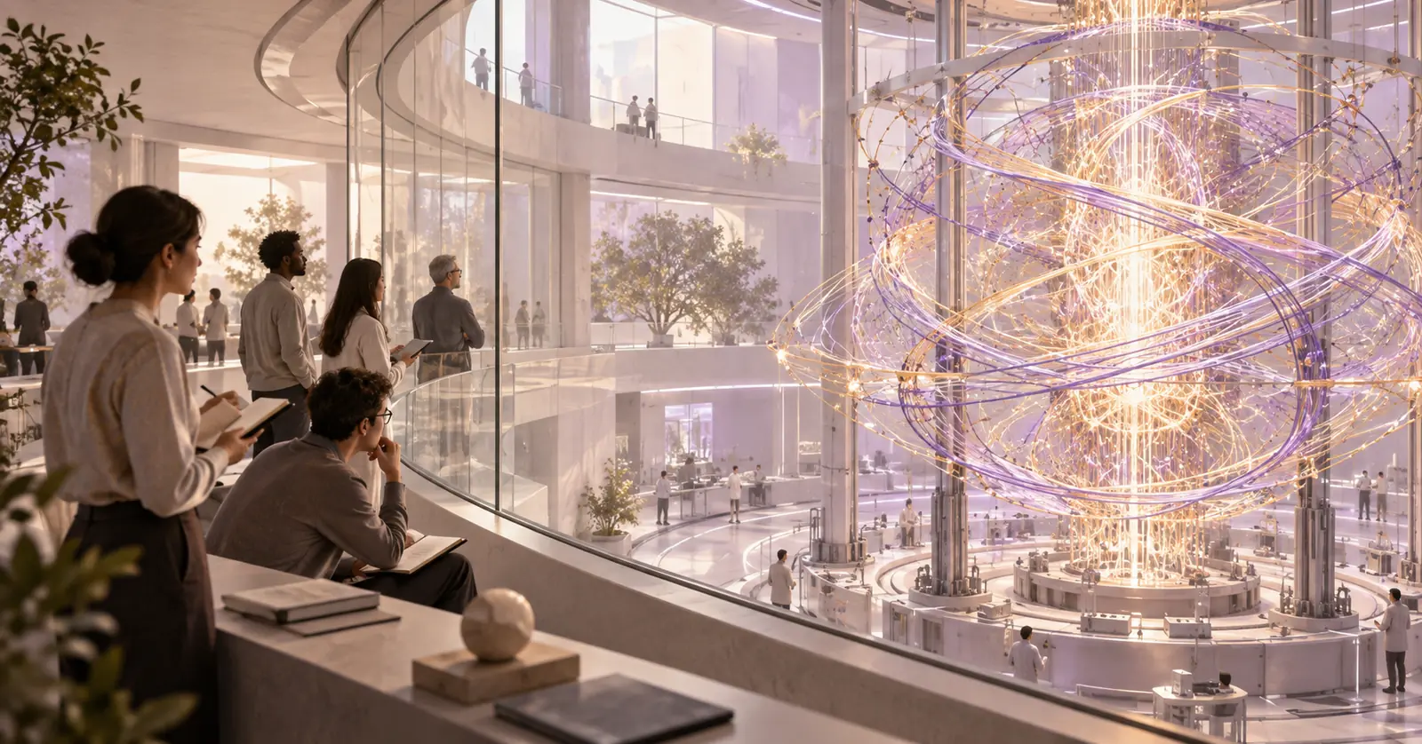 Editorial illustration of evaluators in an internal gallery observing a luminous AI structure in an ivory and violet research laboratory.