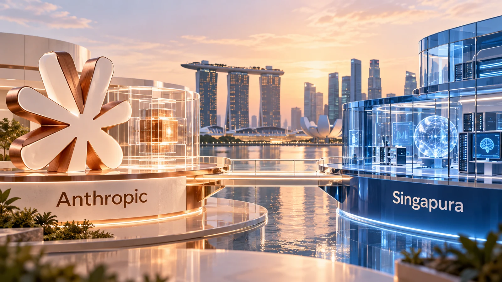 Ilustração editorial de uma estrutura cobre da Anthropic ligada a um laboratório azul de avaliação, diante do skyline de Singapura.