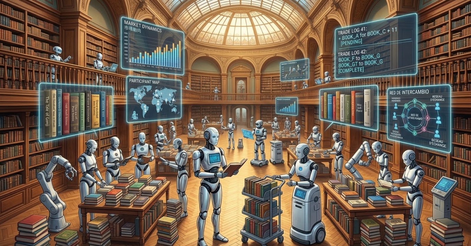 Ilustração editorial de robôs trocando livros em uma biblioteca ornamentada, com painéis holográficos de dados de mercado e registros de negociação ao fundo.