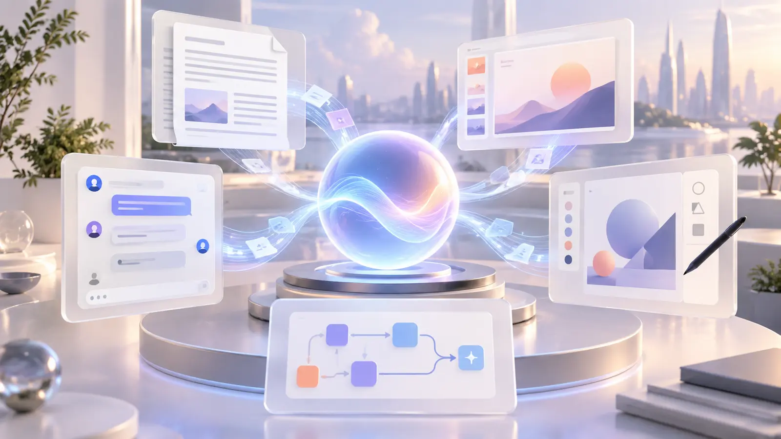 Artificial intelligence core connecting conversation, document, presentation, design, and agent workflow in one environment.