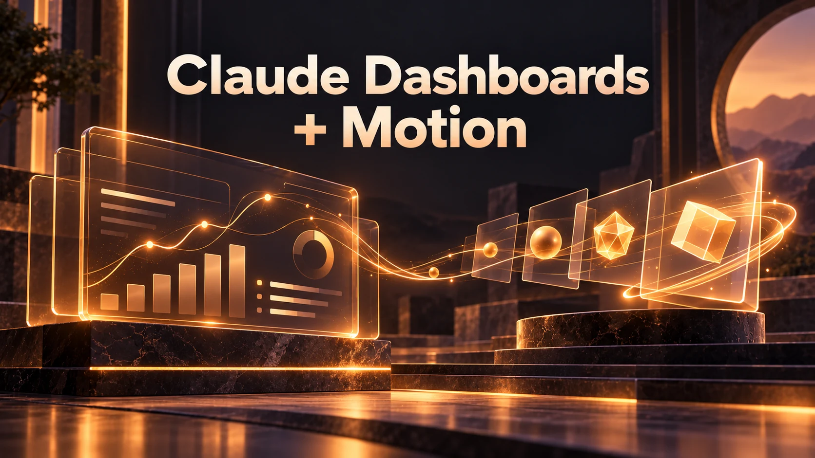 Ilustração conceitual de painel de dados e quadros de animação em dourado sob o título Claude Dashboards + Motion