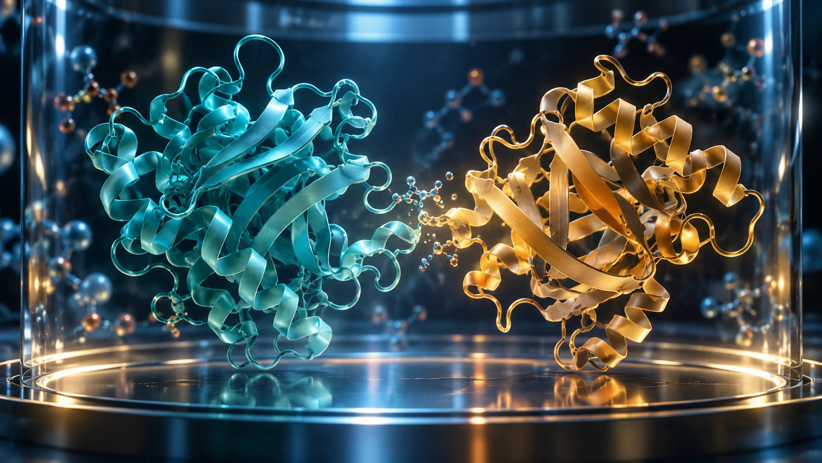 Conceptual illustration of teal and amber protein shapes in a laboratory setting.