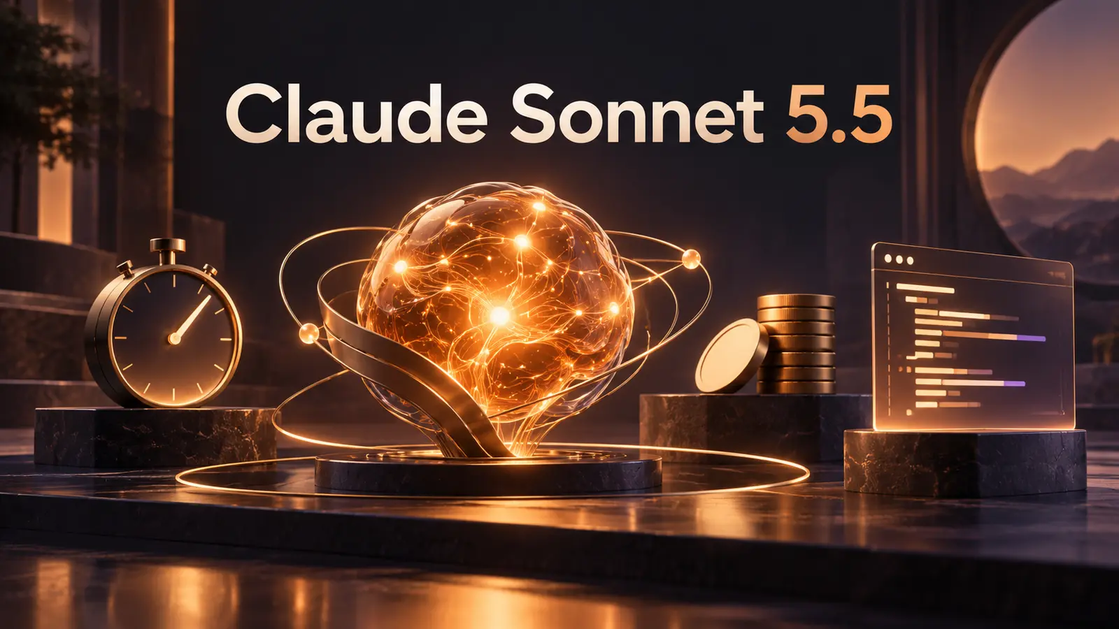 Editorial artwork reading Claude Sonnet 5.5 above a glowing core, stopwatch, coins and an abstract code window in amber tones.