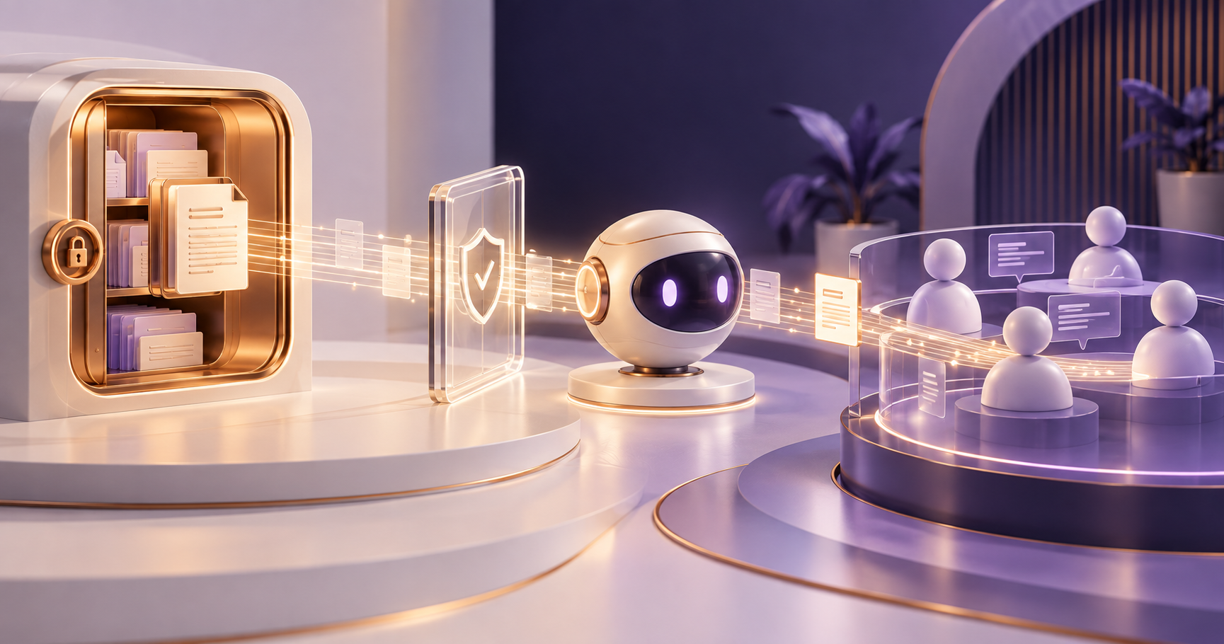Editorial illustration of a team channel linked by a beam of light to a personal document vault, with a review barrier before information is shared.
