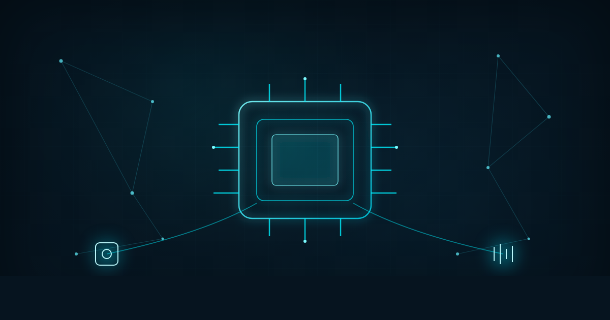 Chip conectado a uma rede neural em ciano sobre fundo azul-marinho, com dois feixes convergindo de ícones de imagem e texto, representando multimodalidade.