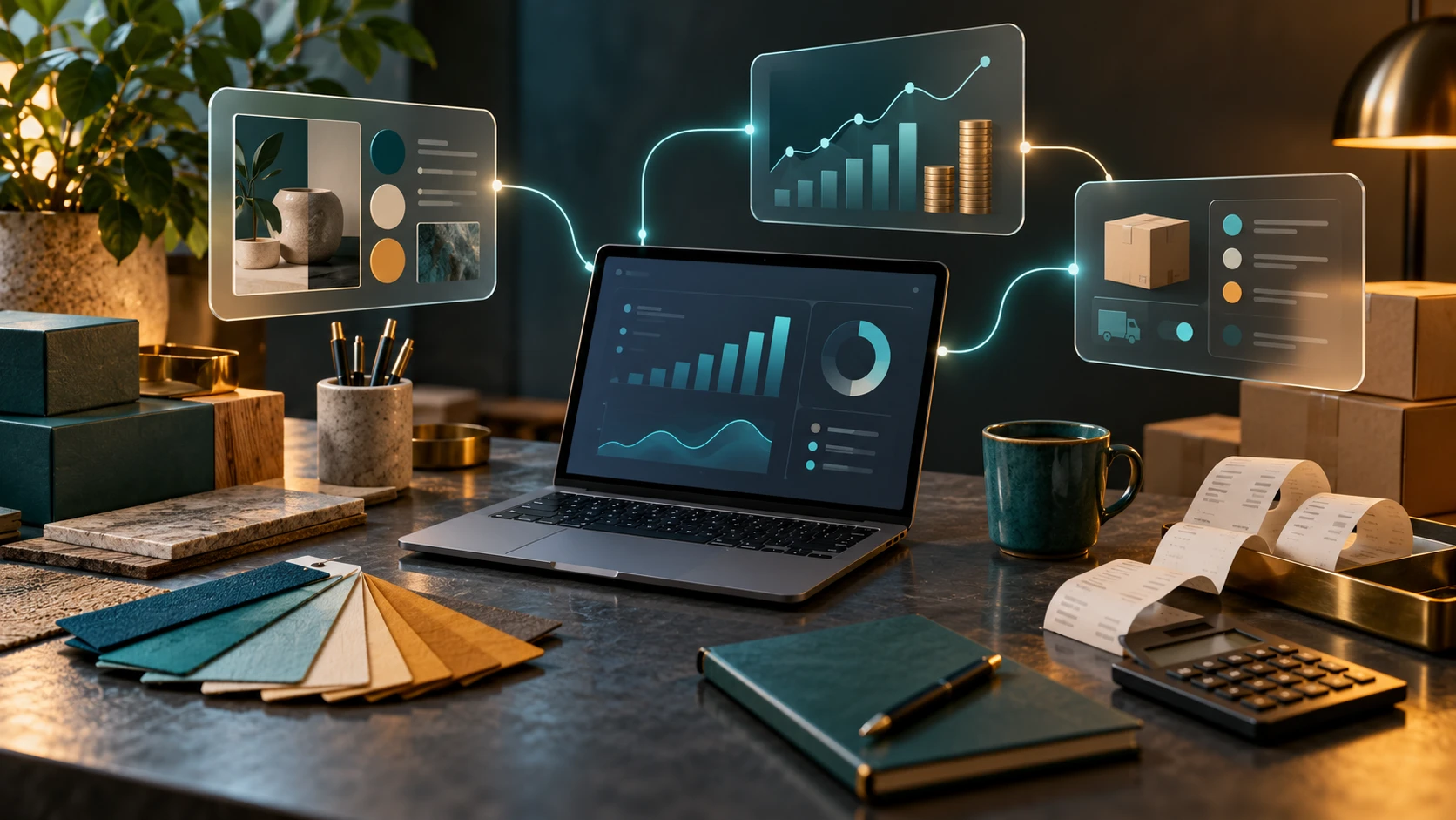 Conceptual illustration of a small business desk with brand swatches, documents and connected analysis panels.
