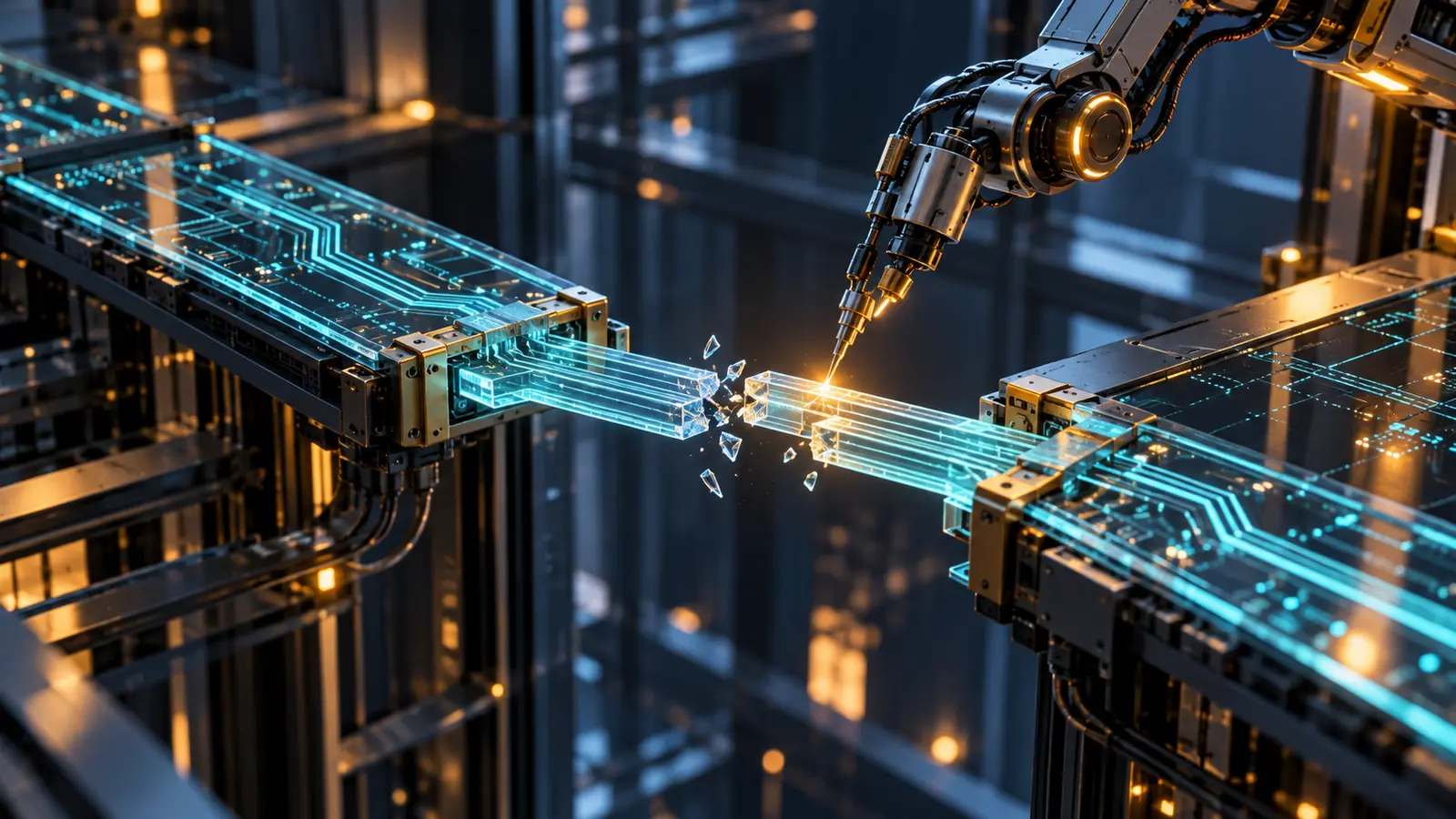 Robotic arm repairing a circuit bridge in a conceptual illustration of code maintenance.