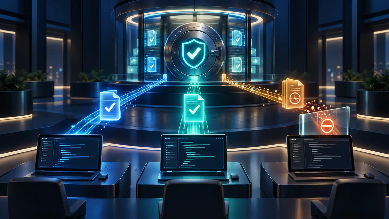 Editorial illustration of three terminals connected to a policy vault; two current rules pass while one stale policy is stopped by an amber barrier.