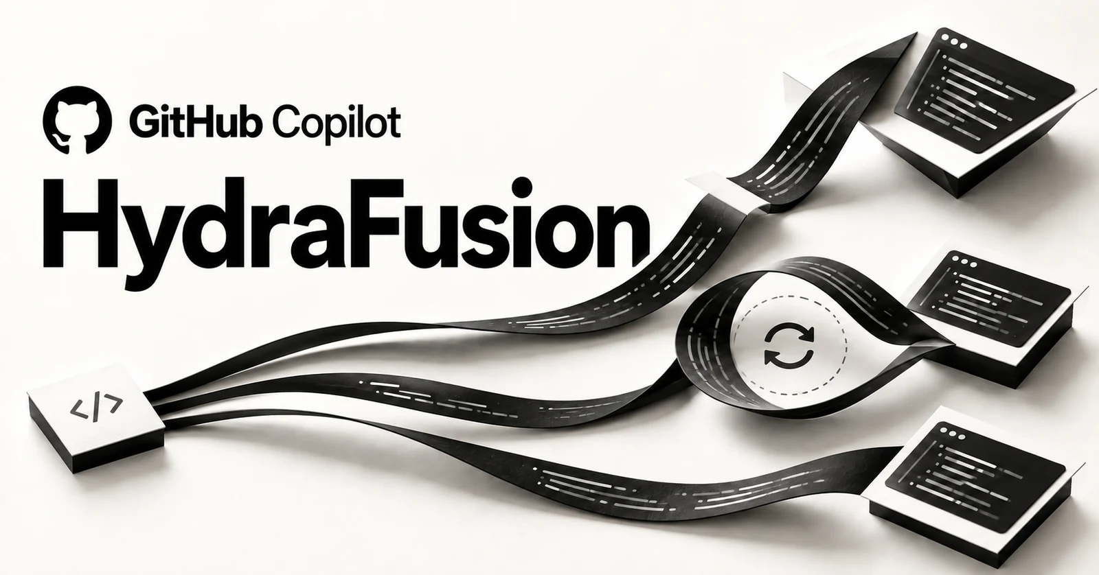Capa em preto e branco com a marca GitHub, os nomes GitHub Copilot e HydraFusion e três caminhos de execução em forma de fitas de papel.