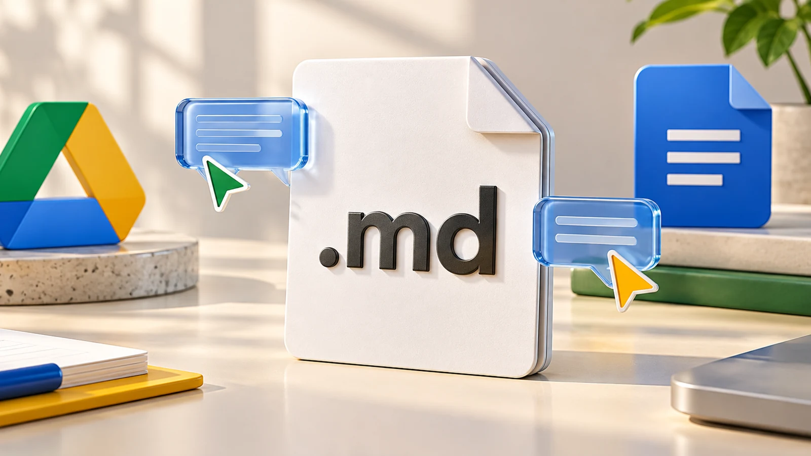 Conceptual illustration of an .md document with comment bubbles and cursors on a light desk.