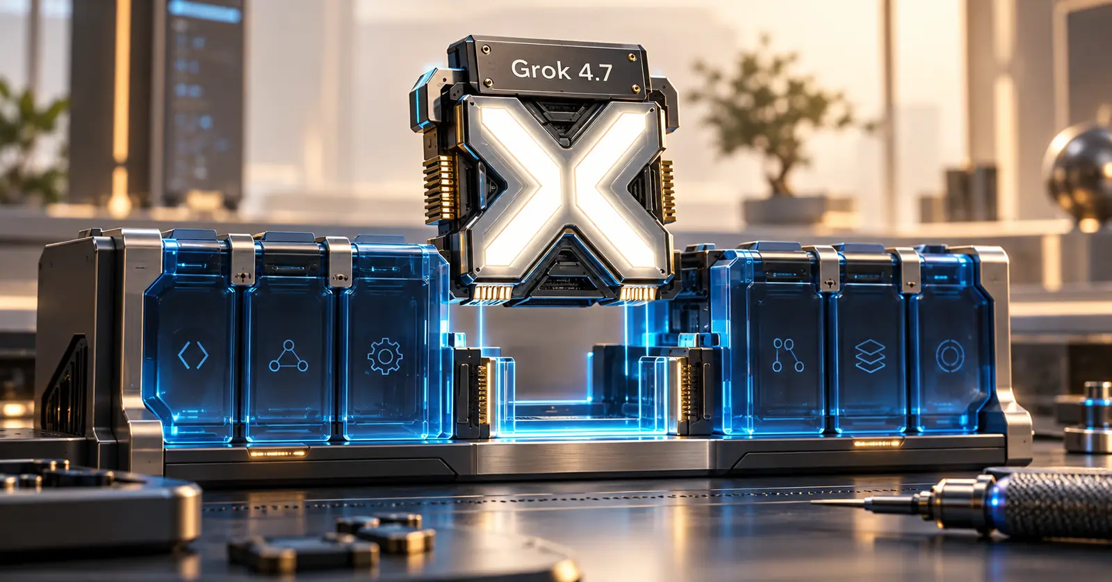Editorial illustration of a glowing X-shaped module labeled Grok 4.7 being fitted into a blue modular development workbench.