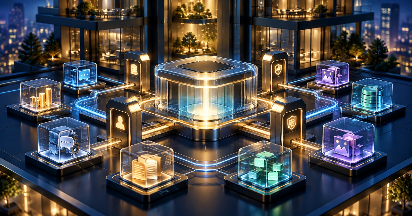 Editorial illustration of small apps in glass modules linked to a central platform through gateways representing access and governance.