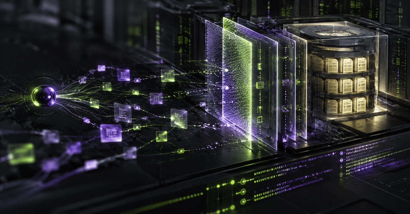 Arte cyber abstrata de um agente digital diante de camadas de controle de acesso e um arquivo de dados públicos, em verde-lima e violeta.
