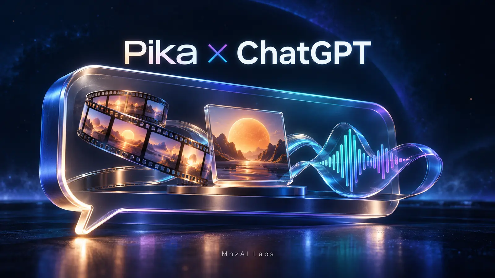 Editorial illustration of a glass conversation bubble holding a filmstrip, an image frame and an audio waveform beneath the title Pika × ChatGPT.