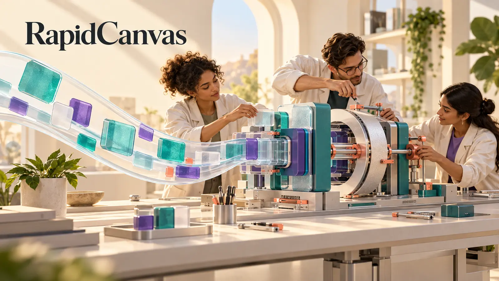 Ilustração editorial de três engenheiros ajustando uma máquina conceitual com blocos de dados turquesa e violeta, com o texto RapidCanvas.