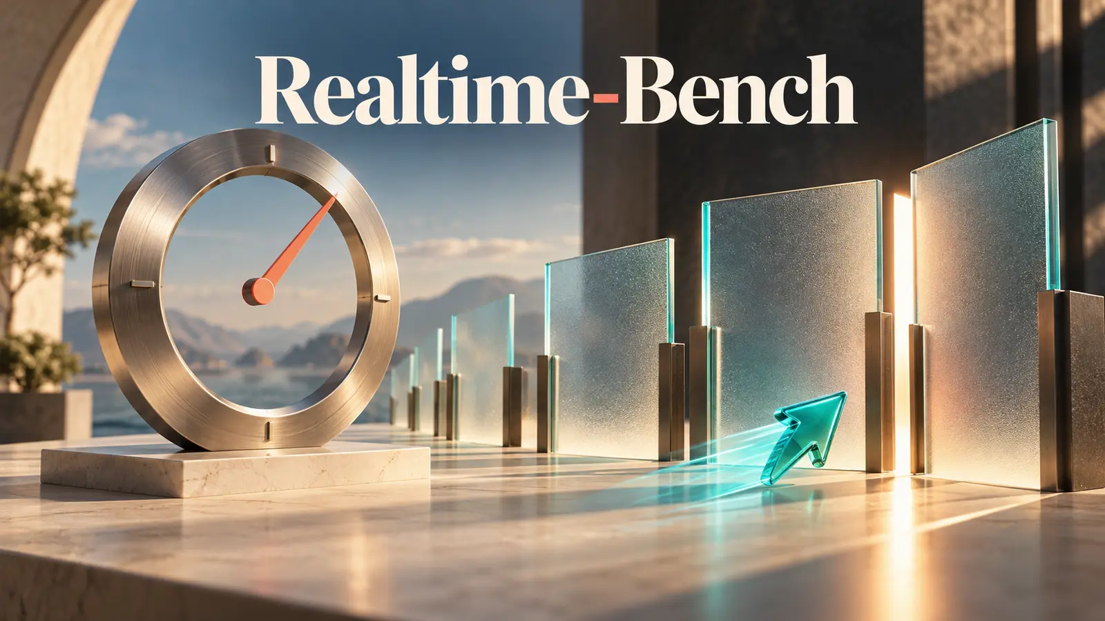 Ilustração editorial com relógio de titânio, ponteiro coral e cursor turquesa diante de portais de vidro, com o texto Realtime-Bench.