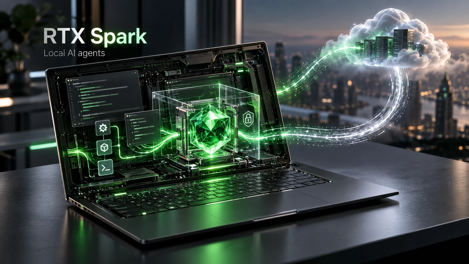 Ilustração editorial de um notebook RTX Spark com um agente de IA protegido por uma caixa de vidro e conectado a uma nuvem.